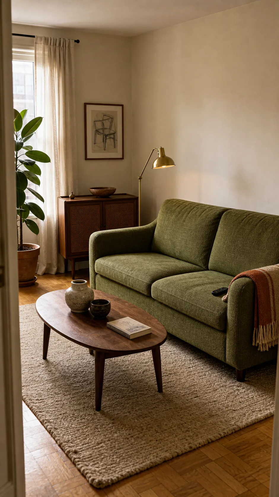 Retro living room with an avocado green sofa, walnut furniture, and warm cream walls