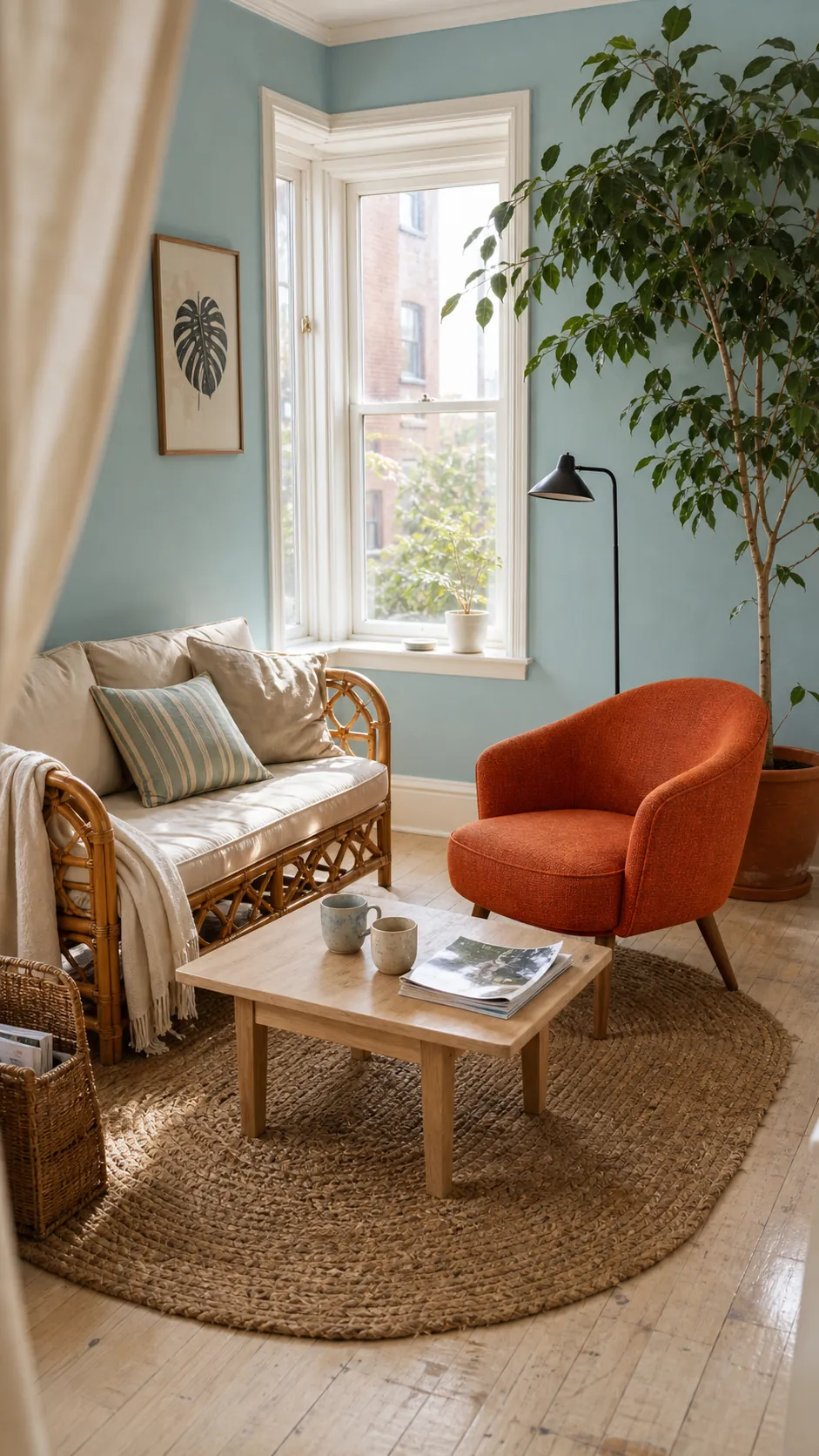 Bright retro living room with persimmon upholstery, muted aqua walls, and natural rattan