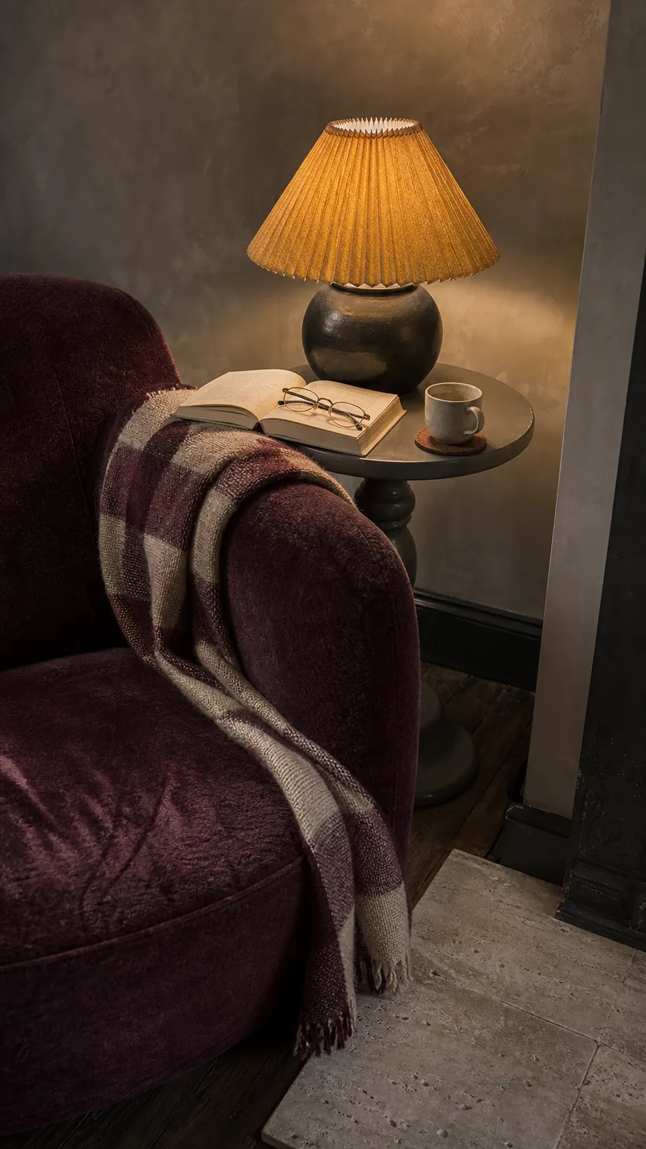 Moody retro living room palette with plum upholstery, ochre curtains, and mushroom walls