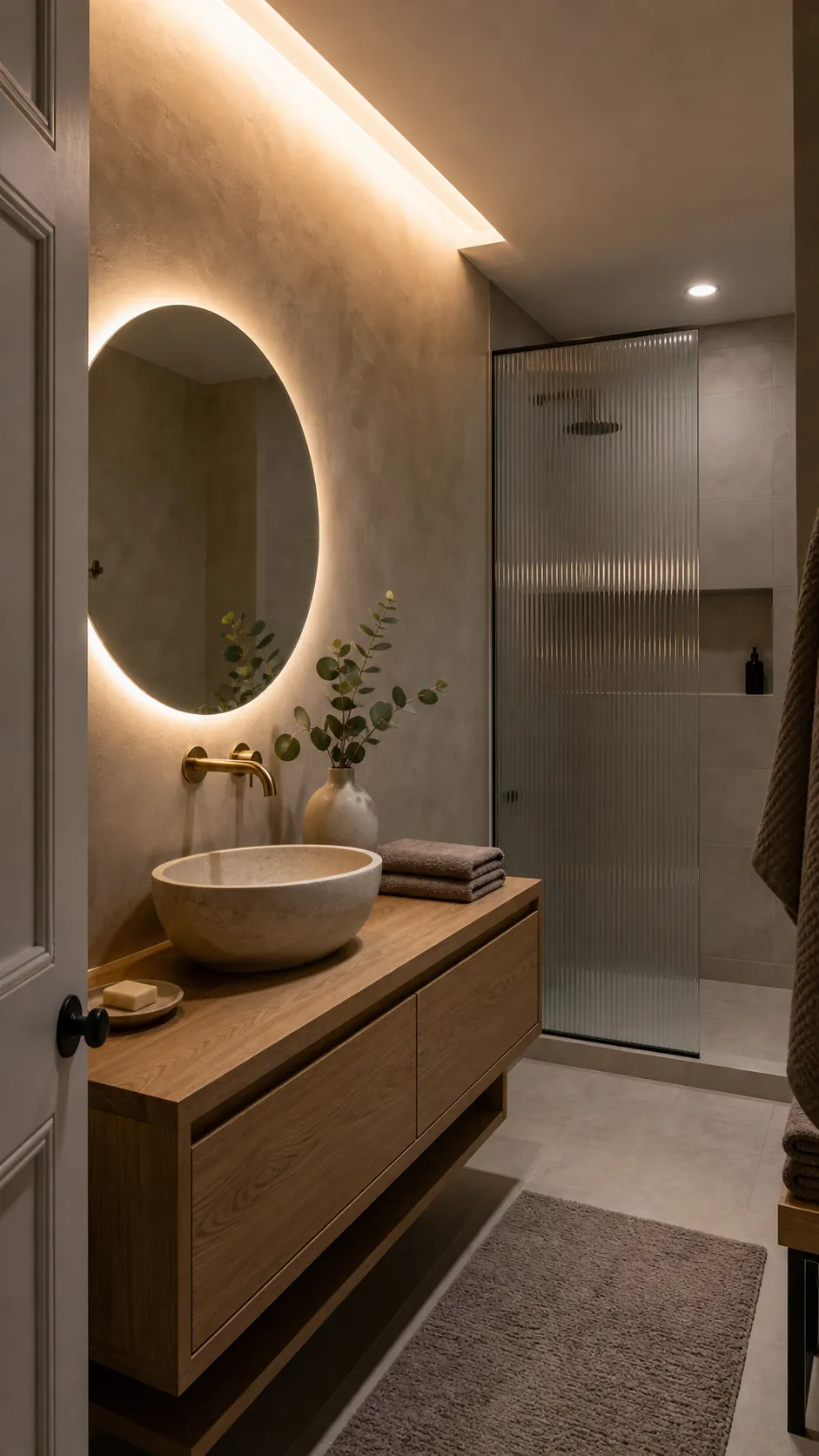 Spa bathroom with soft indirect cove lighting outside the shower spray zone
