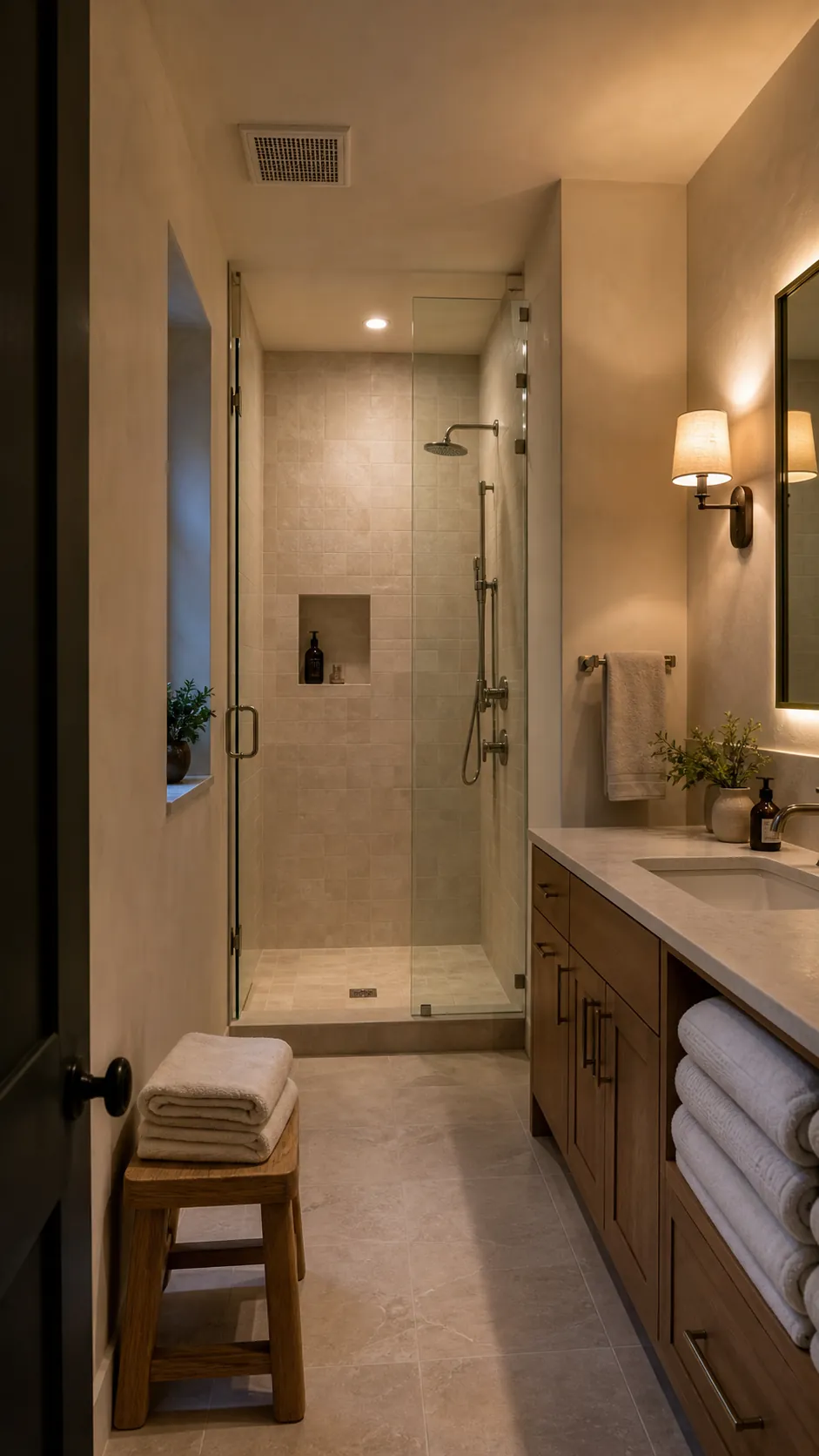 Warm spa bathroom with safe layered shower and vanity lighting