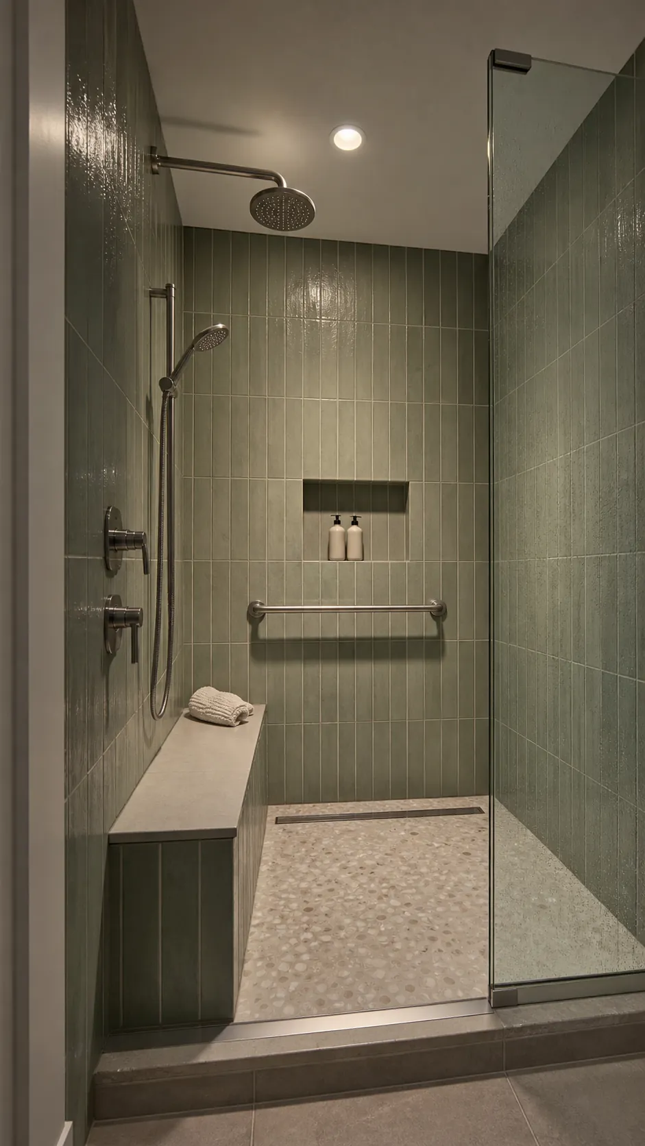 Walk-in shower illuminated by a sealed wet-rated recessed ceiling light