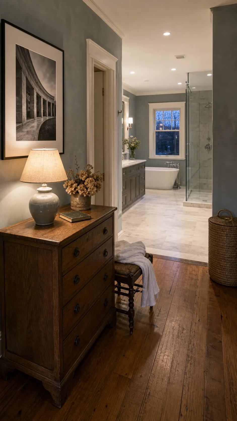 Large bathroom with a small table lamp safely placed in a distant dry furniture zone