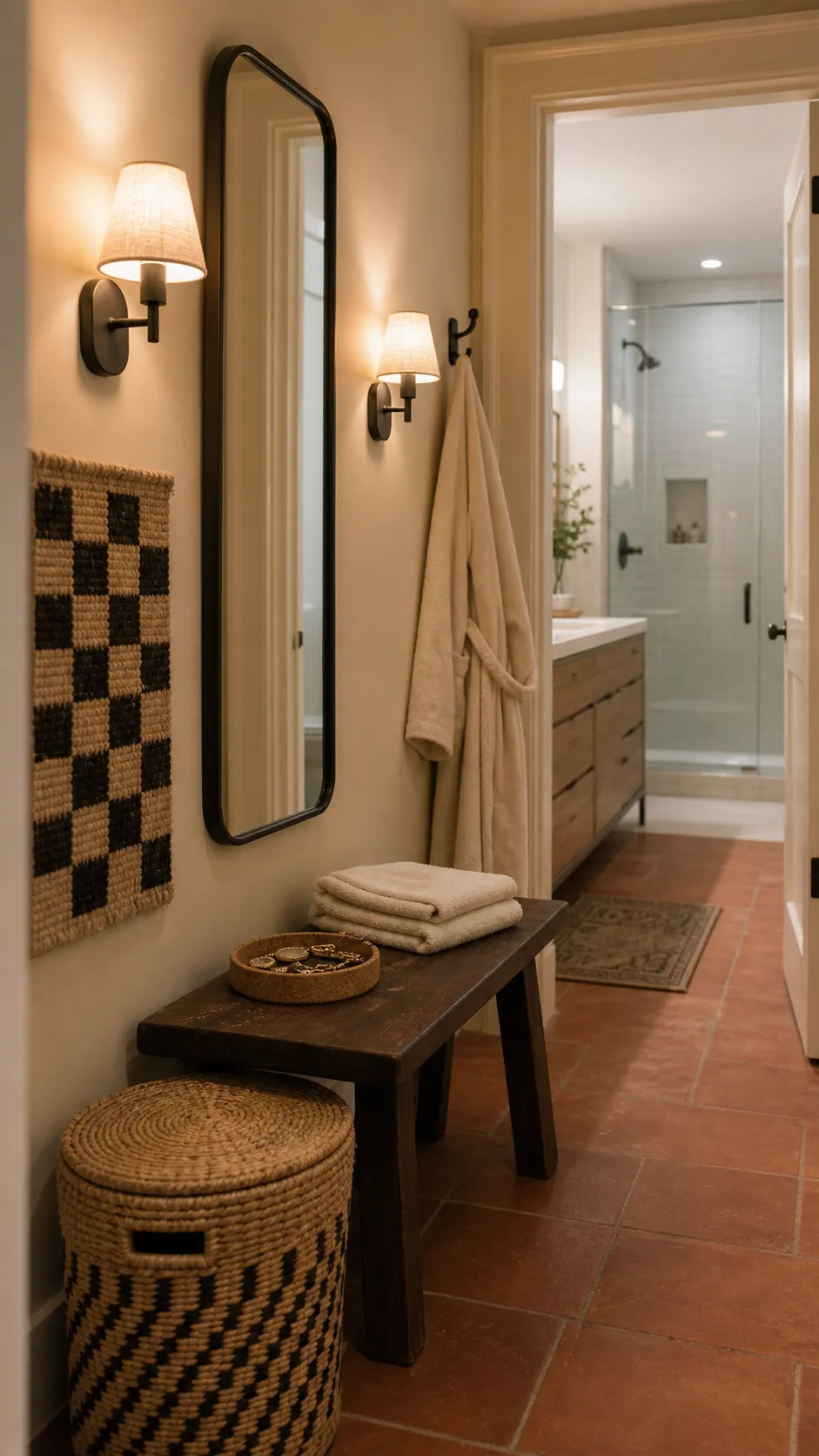 Renter-friendly rechargeable wall sconces mounted in a dry bathroom area