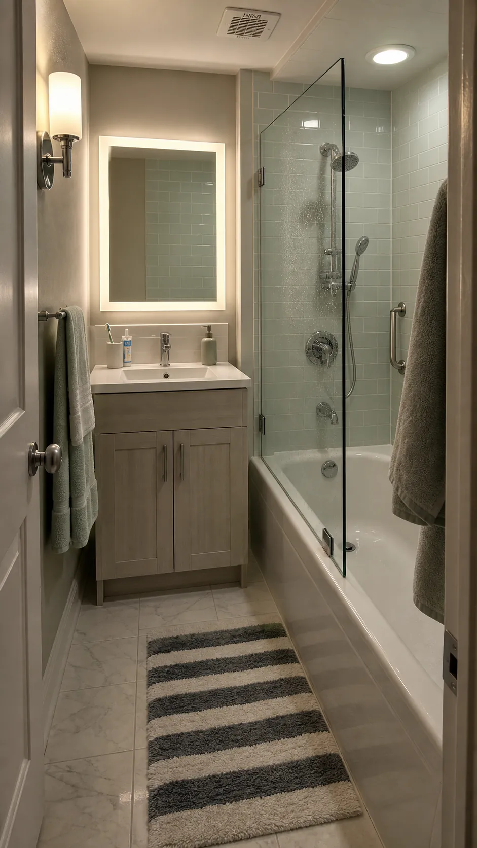Small bathroom with layered warm lighting and clear shower visibility