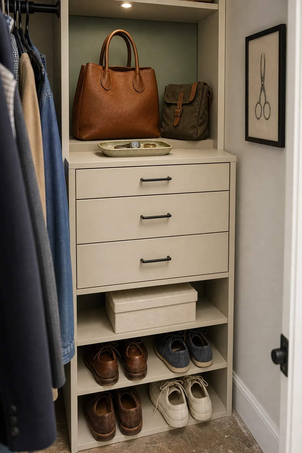Handbags and shoes displayed above concealed small-item closet storage