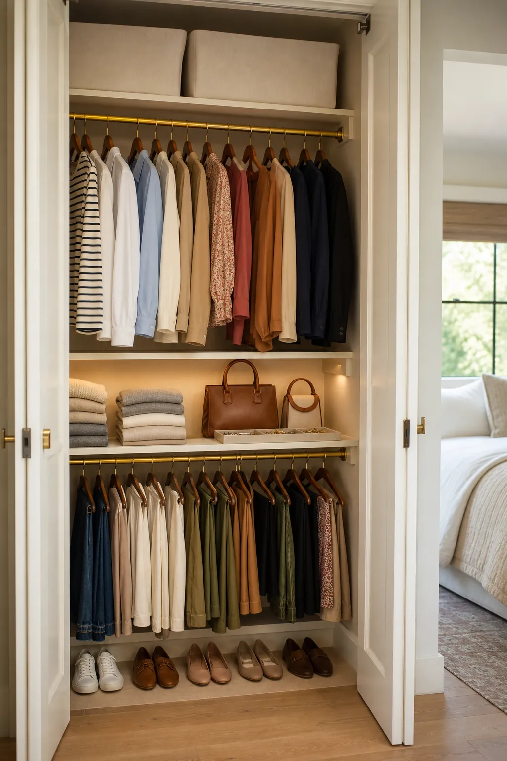 Small boutique-style closet with matching hangers, folded clothes, and warm lighting