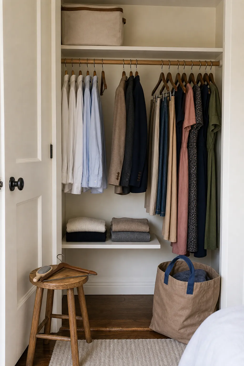 Edited capsule wardrobe with open space in a small boutique-style closet
