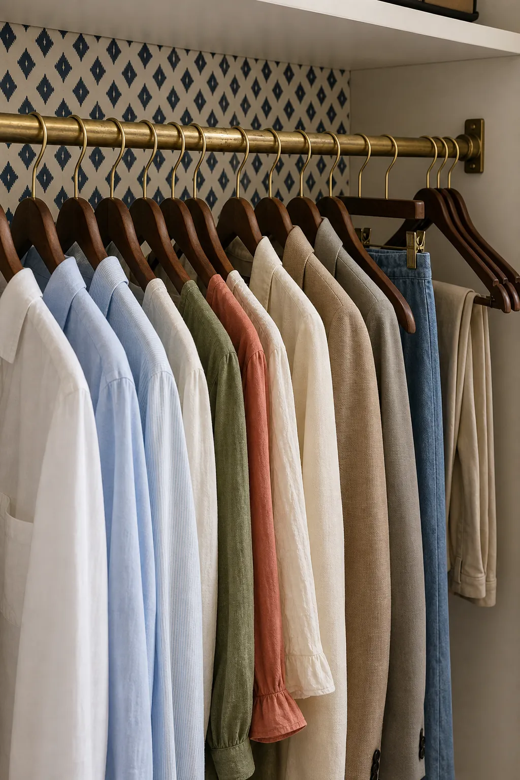 Matching wood hangers creating an even line in a boutique closet