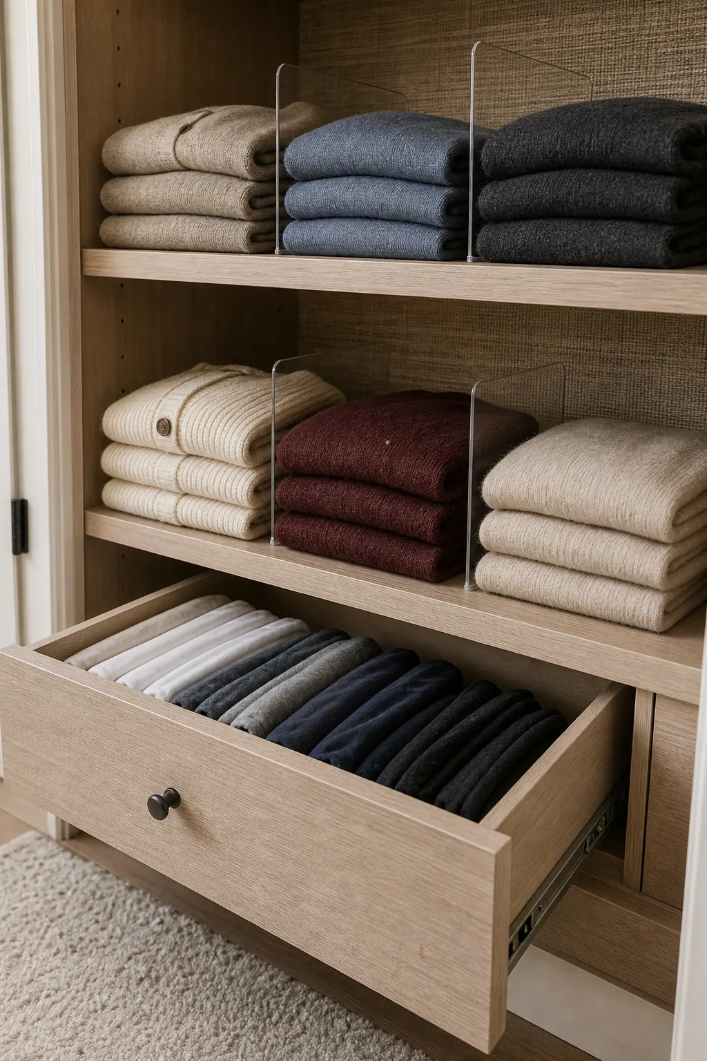 Short sweater stacks with clear spacing on a boutique closet shelf