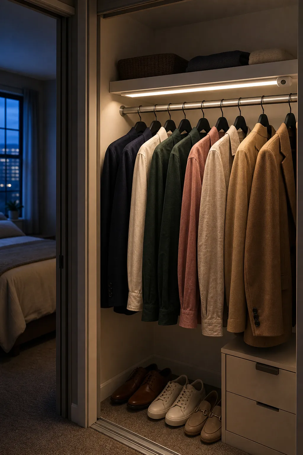 Warm-neutral shelf lighting illuminating clothes in a boutique closet