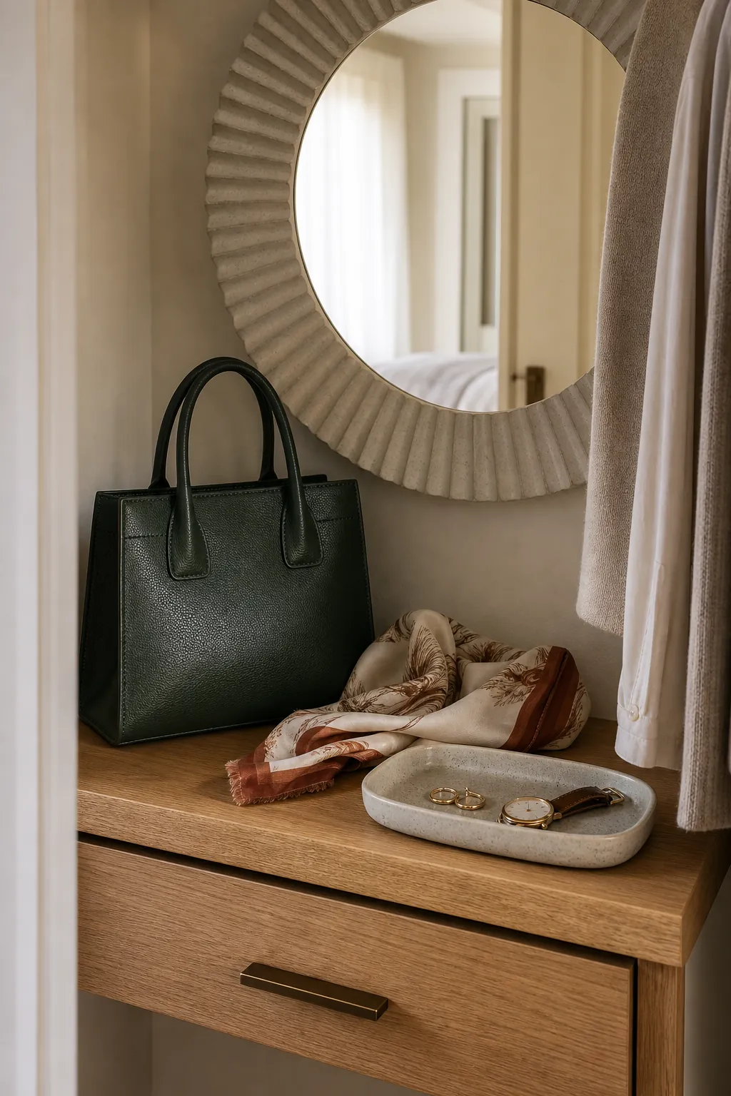 Favorite handbag and jewelry tray forming a quiet closet focal point
