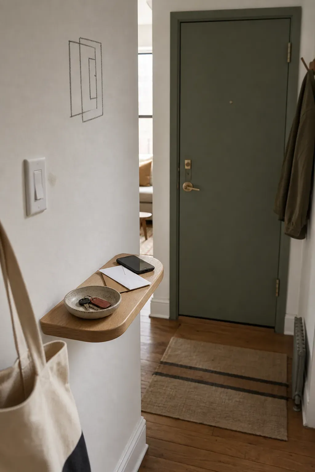 Slim floating key ledge in a very small entryway