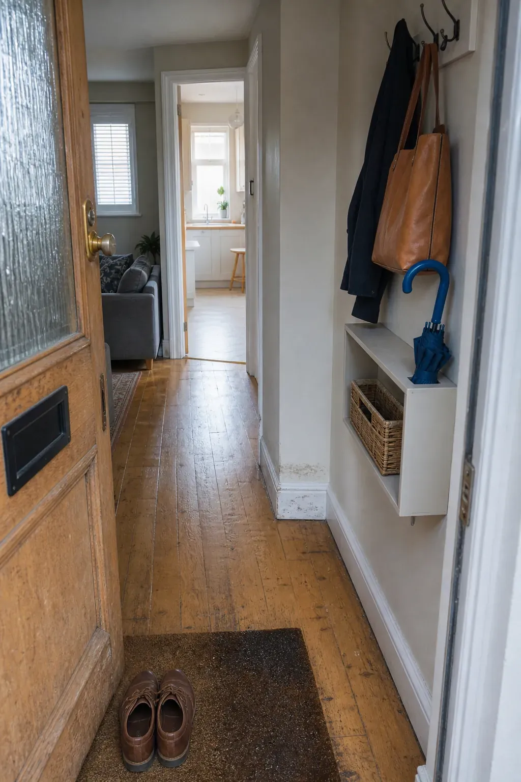Narrow entryway with a clearly preserved walking lane