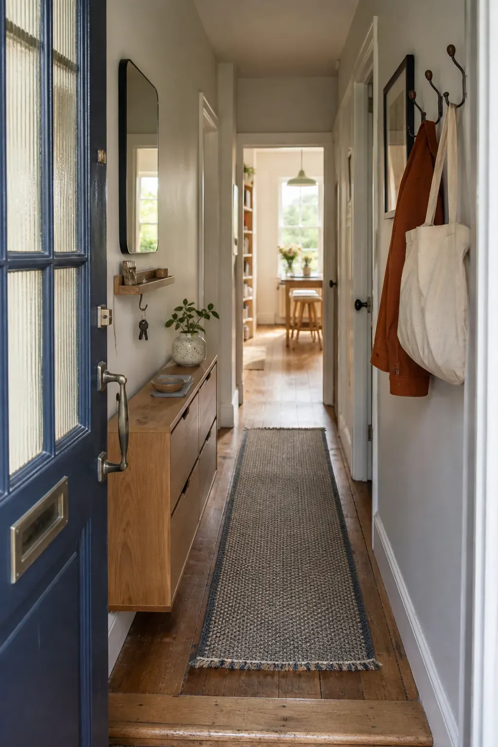 Practical decor ideas arranged in a stylish narrow entryway