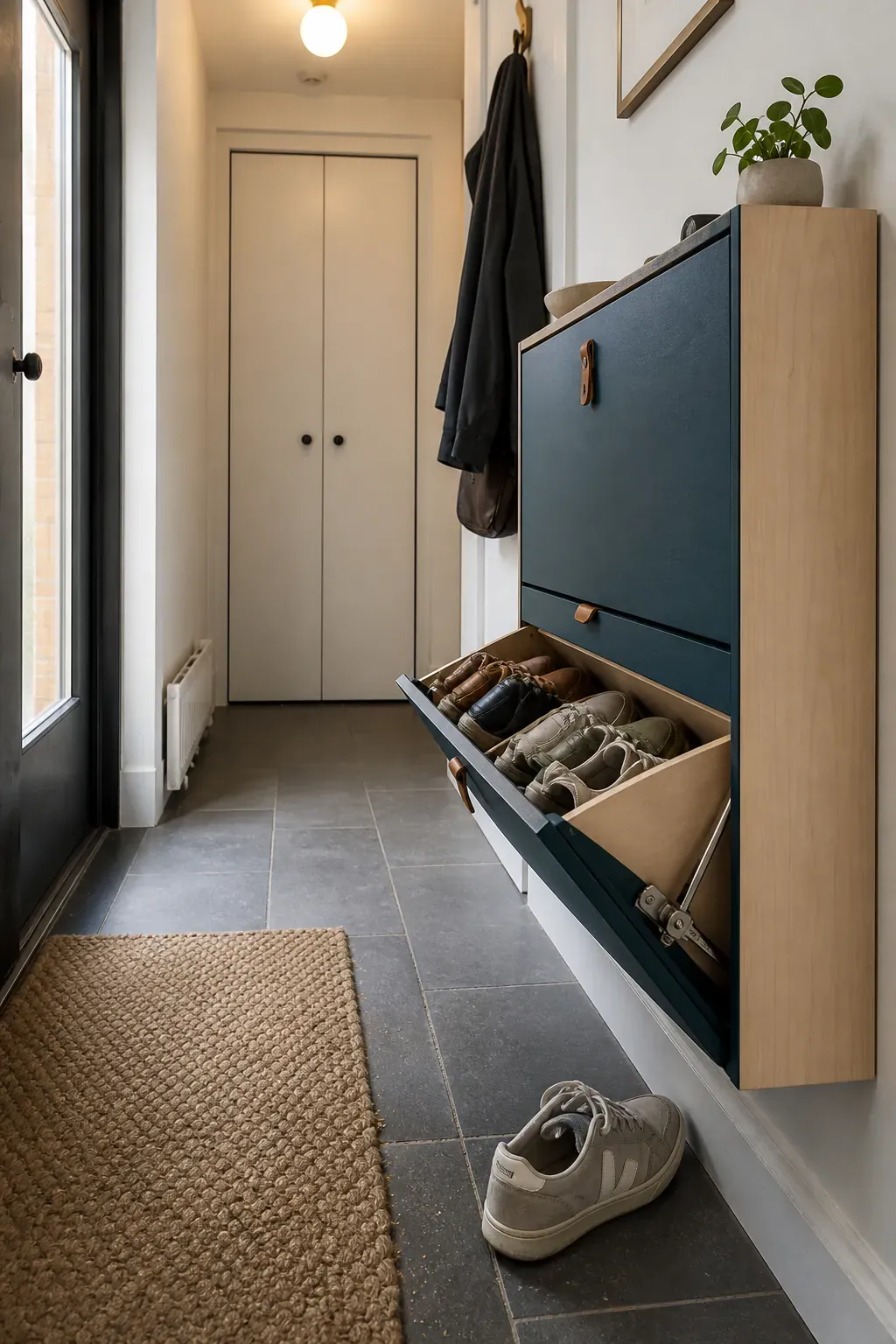 Shallow tilt-out shoe cabinet in a narrow front entryway