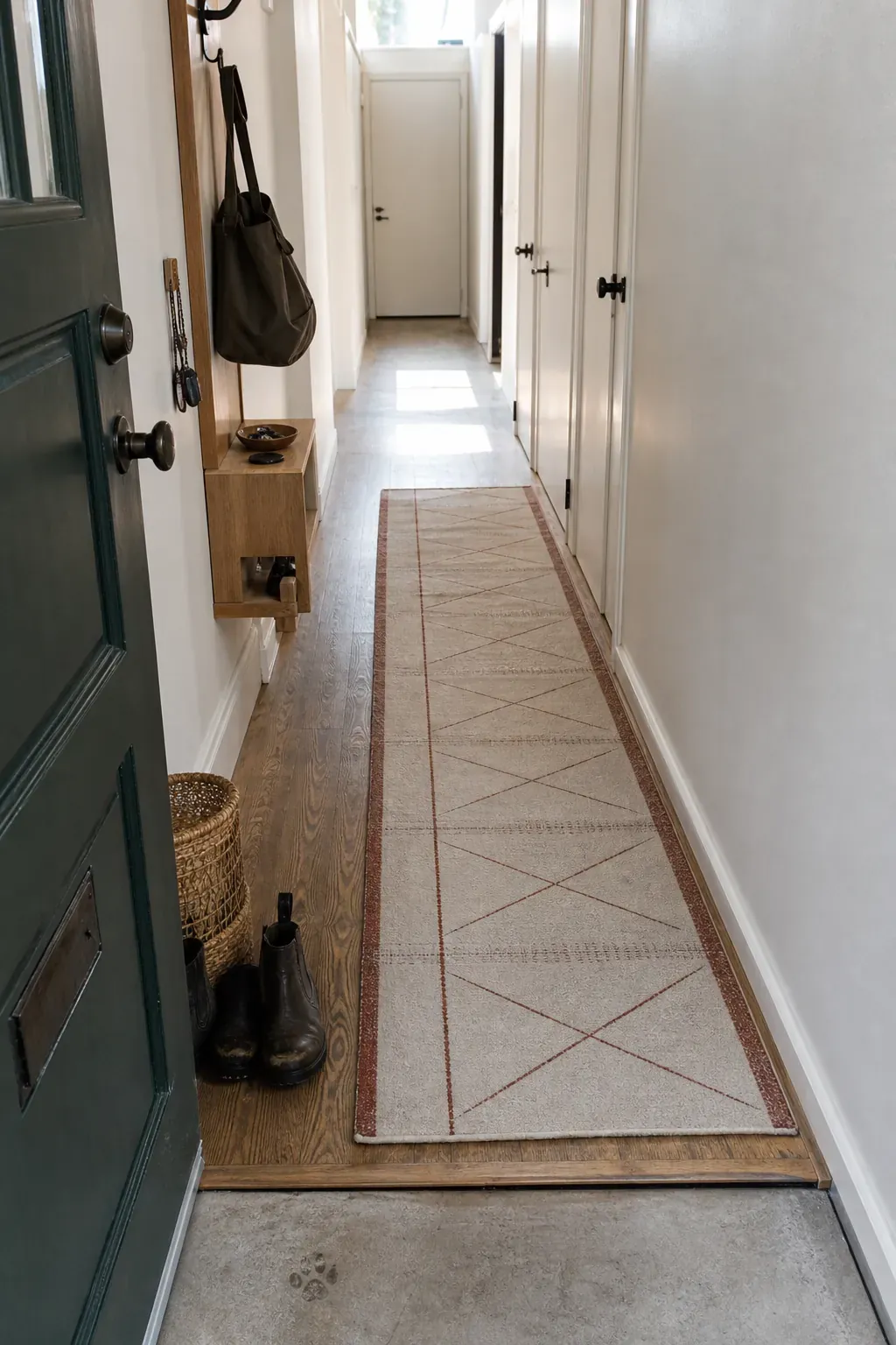 Low-profile runner rug defining a long narrow entryway