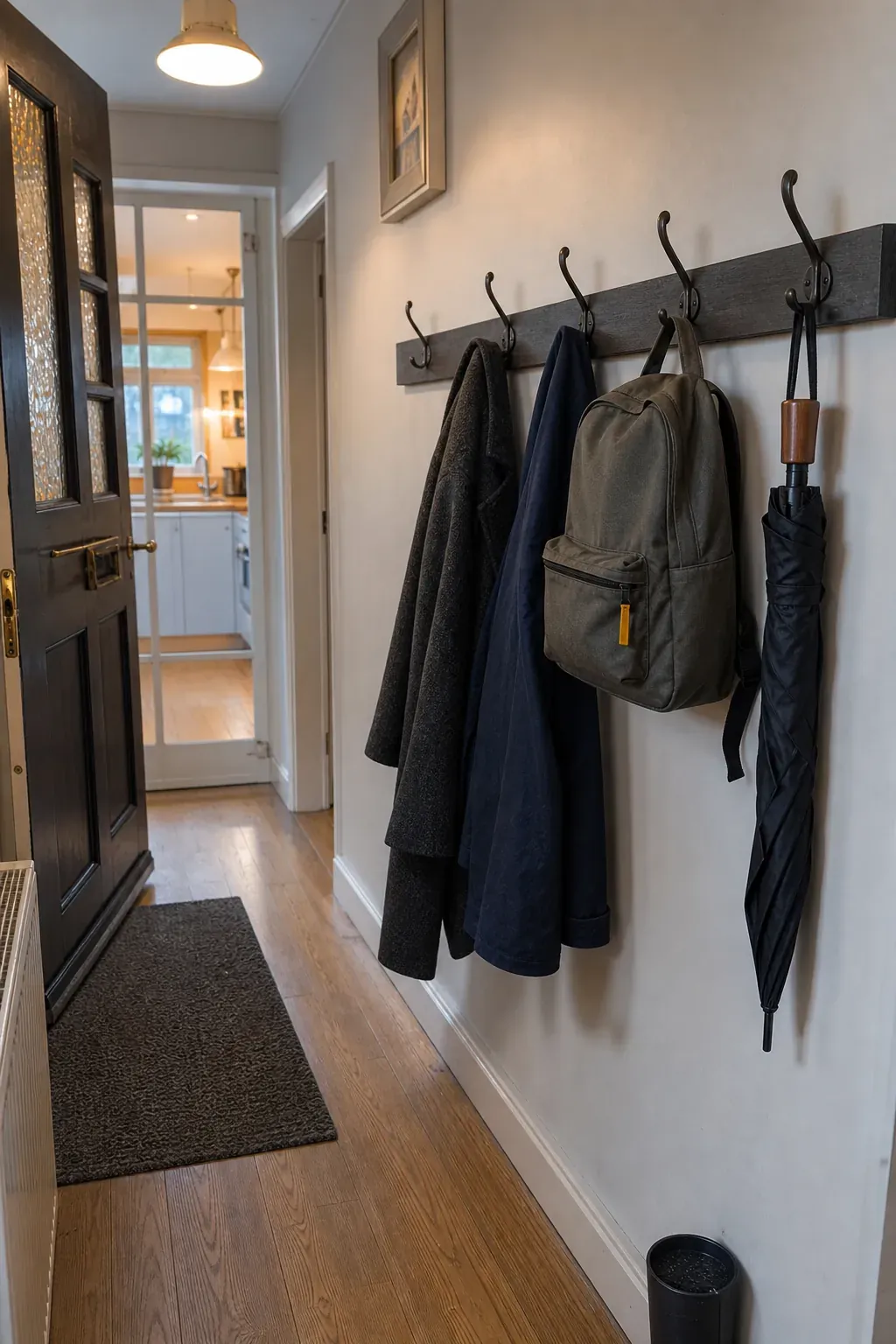 Single row of practical wall hooks in a tight entryway