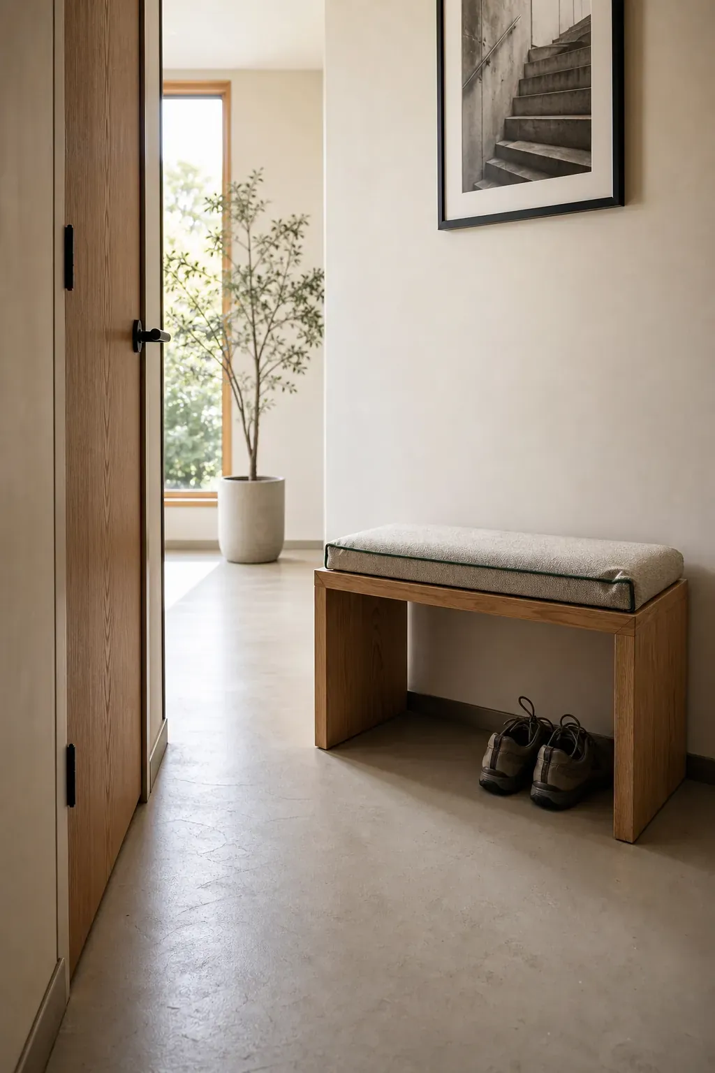 Compact bench positioned at the wider end of a narrow hall