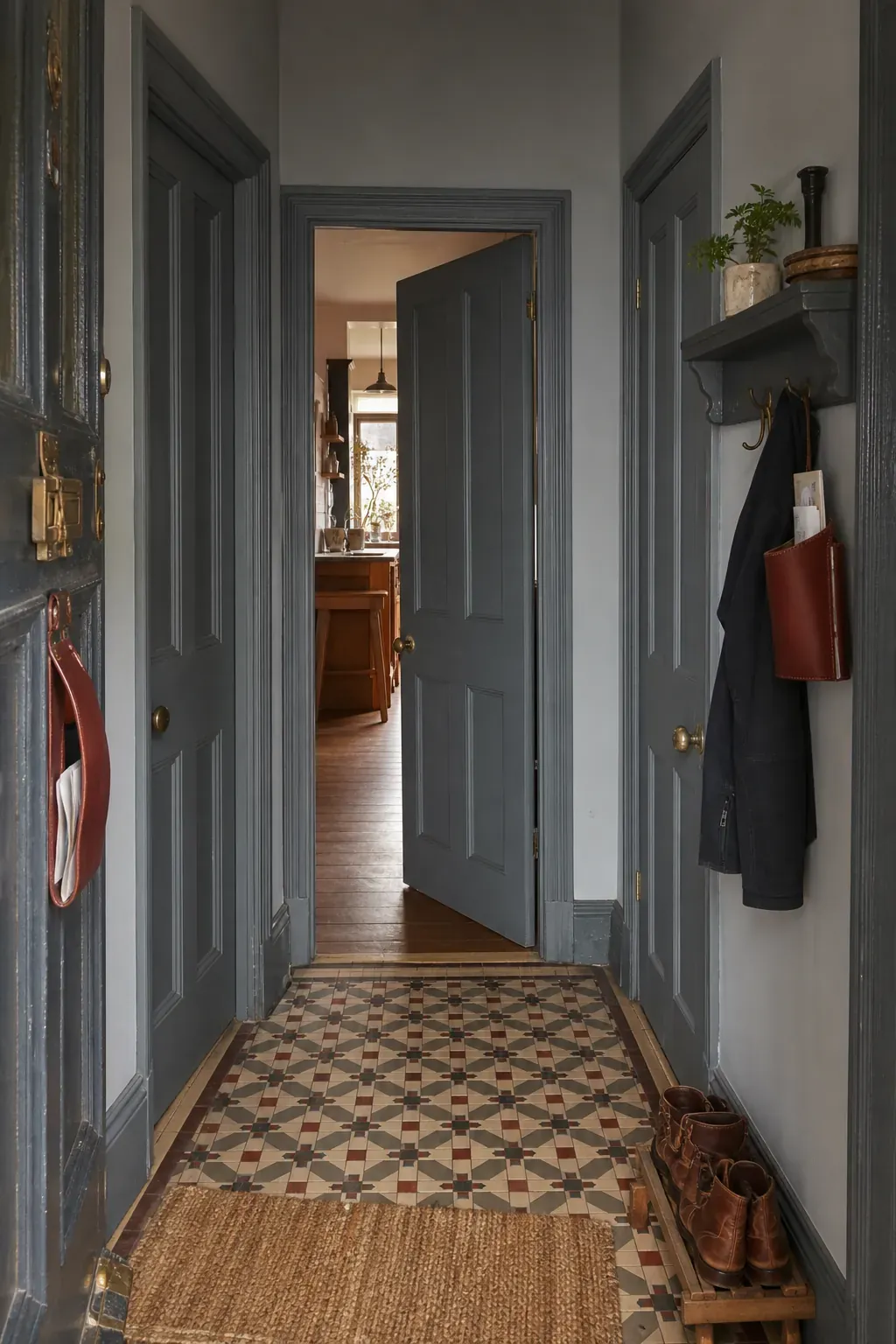 Narrow entrance with doors and trim painted in one cohesive color