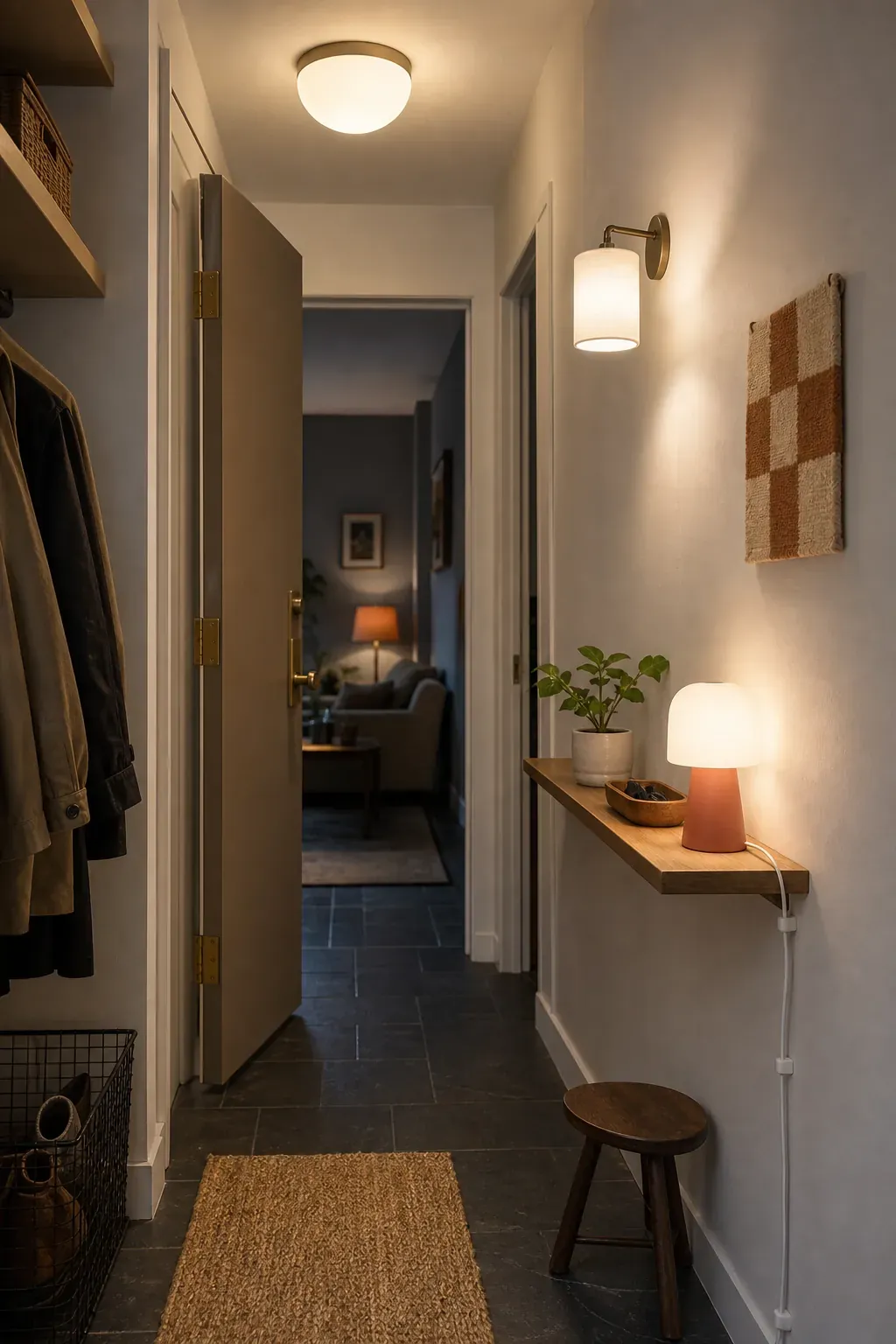 Layered warm lighting in a small narrow entrance hall
