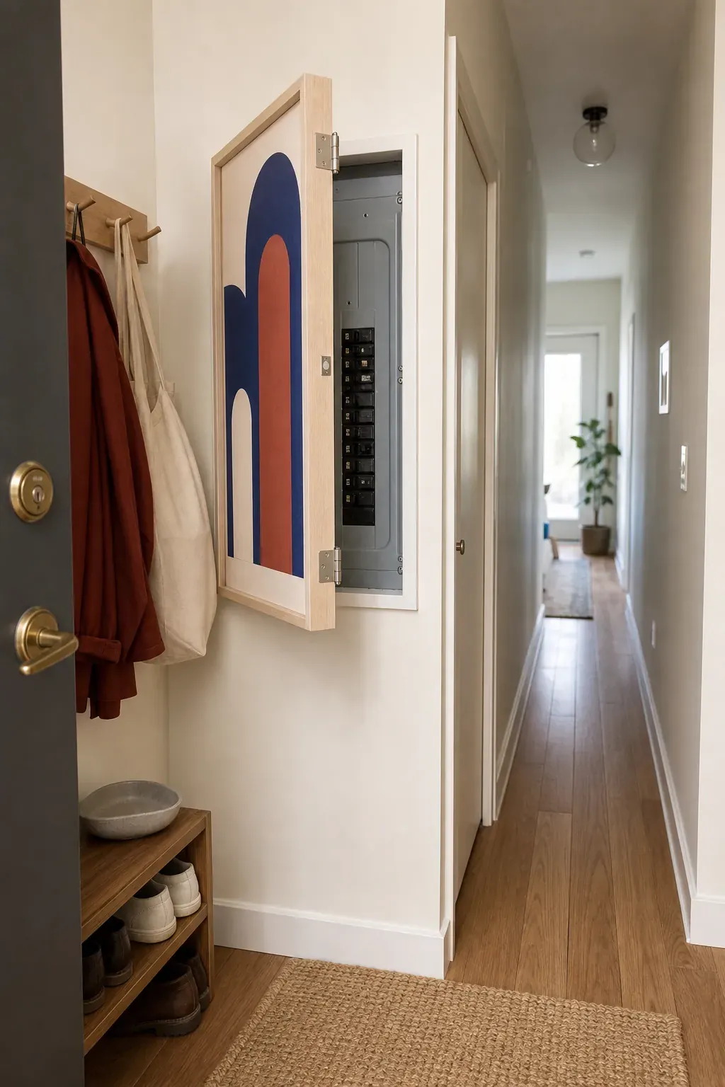 Hinged framed print concealing an entryway utility panel
