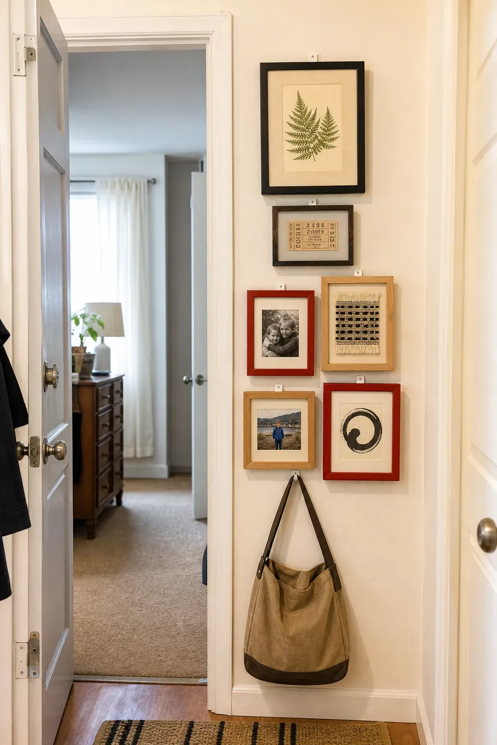 Renter-friendly vertical gallery in a narrow entryway