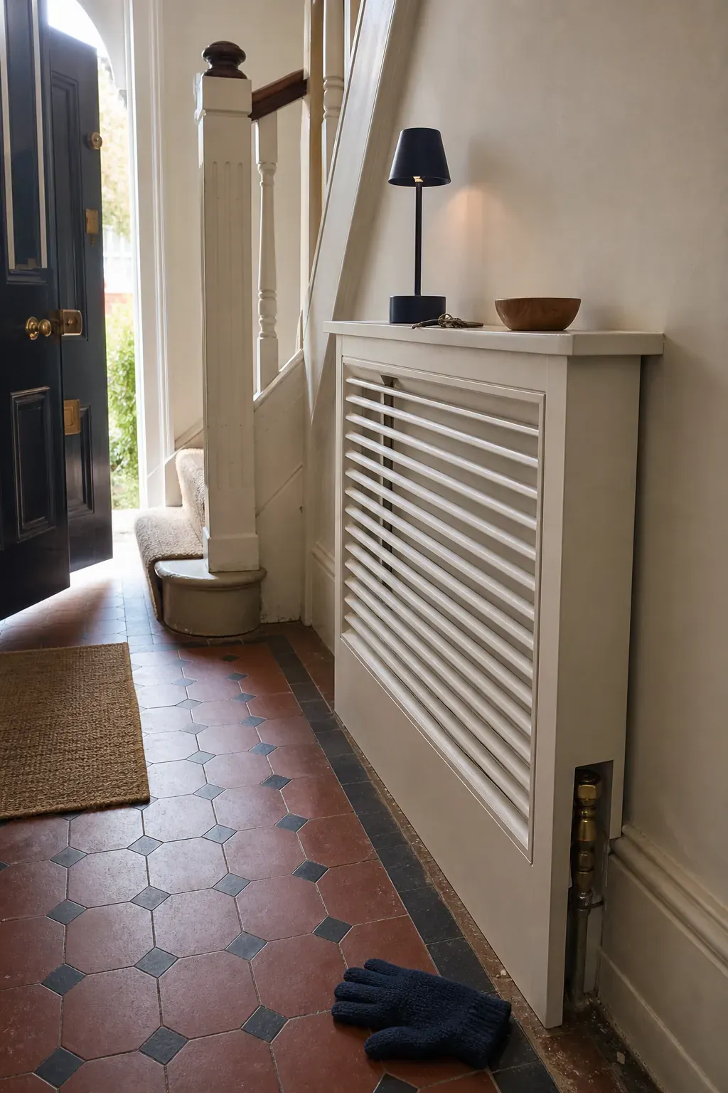 Ventilated radiator cover with a slim shelf in a narrow hall