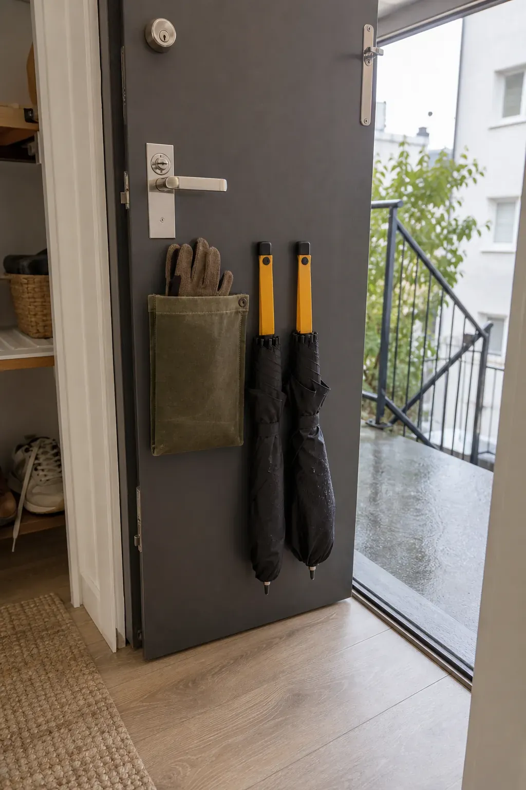 Low-profile back-of-door storage in a tight entrance
