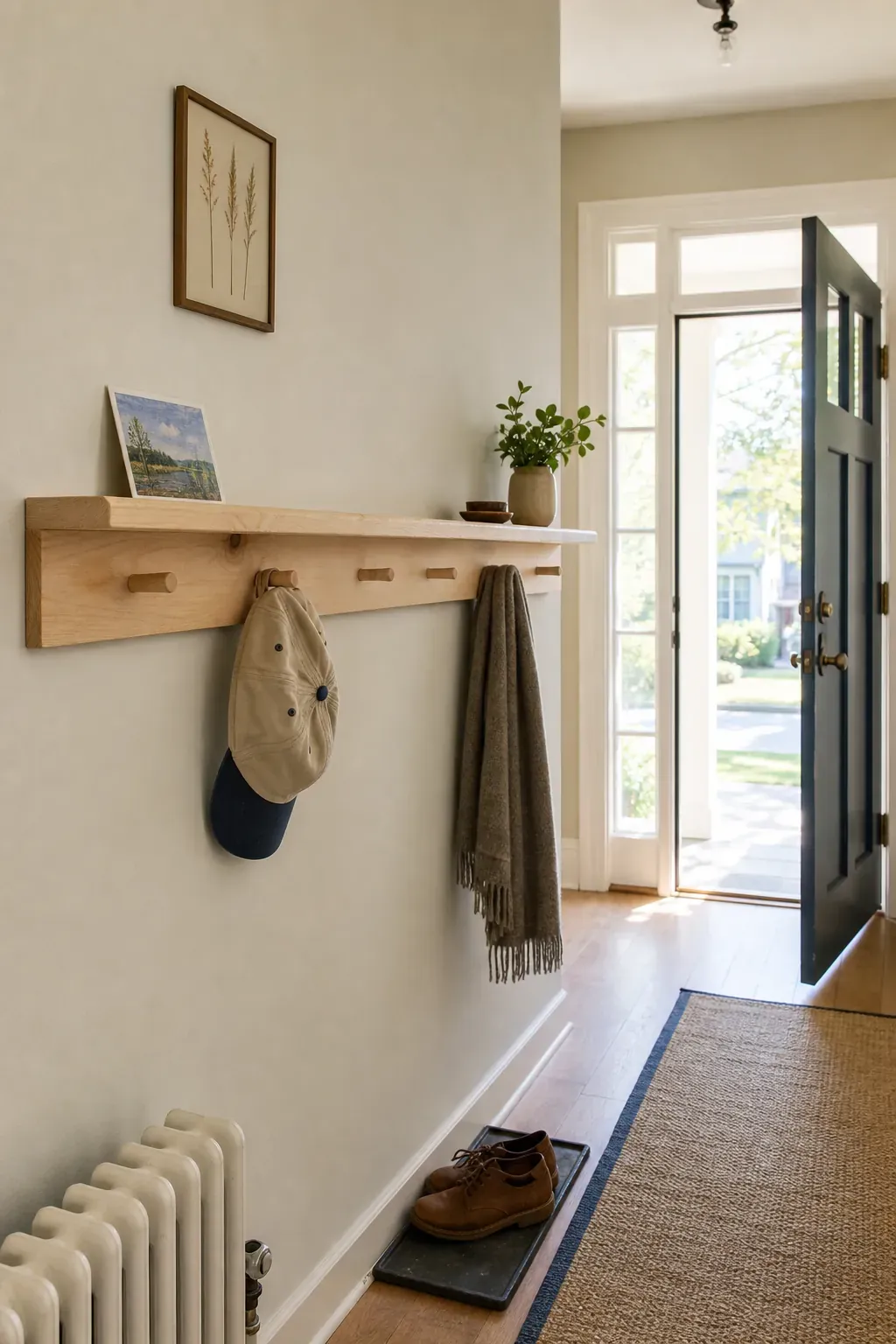 Wood peg rail and shallow shelf in a narrow entryway