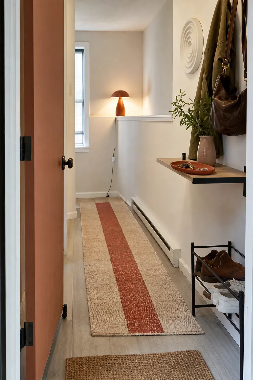 Cohesive accent color repeated through a narrow entryway