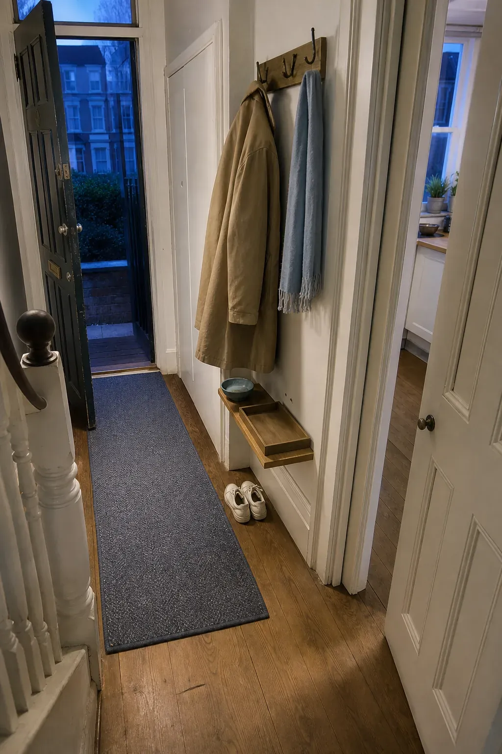 Orderly narrow entryway after a simple daily reset