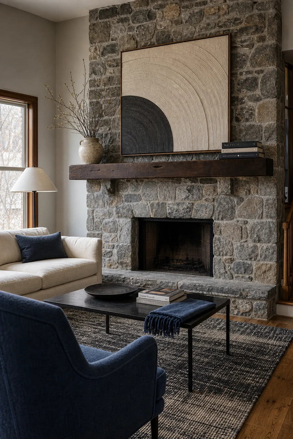 Stone fireplace styled with substantial furniture and a restrained modern palette