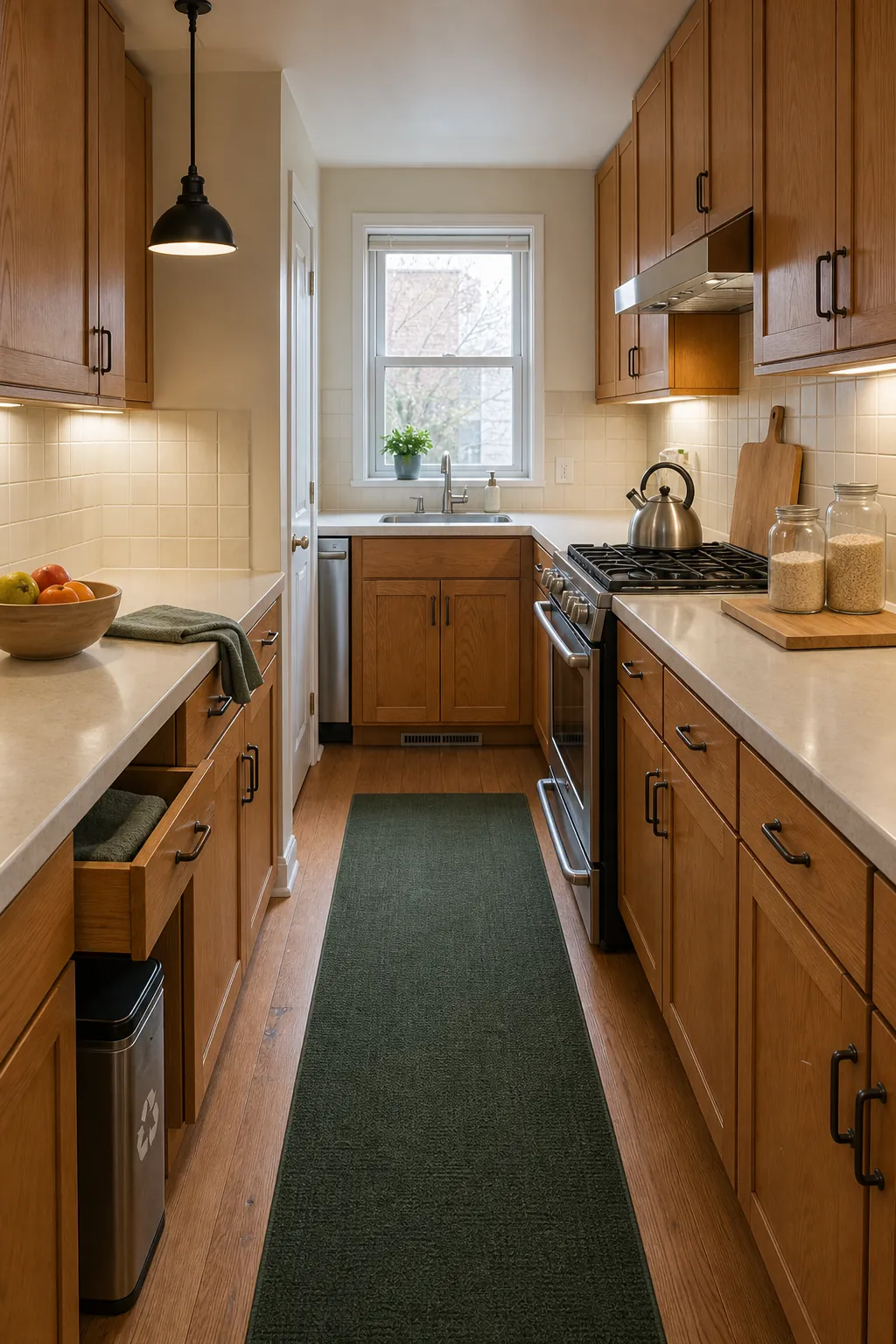 Warm wood kitchen cabinets balanced by cream, deep green, and simple hardware