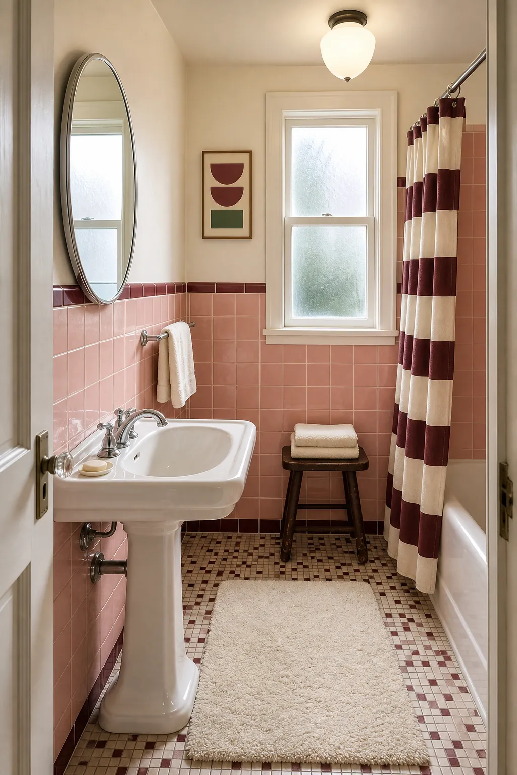 Vintage pink tile bathroom refreshed with burgundy, warm white, and polished chrome