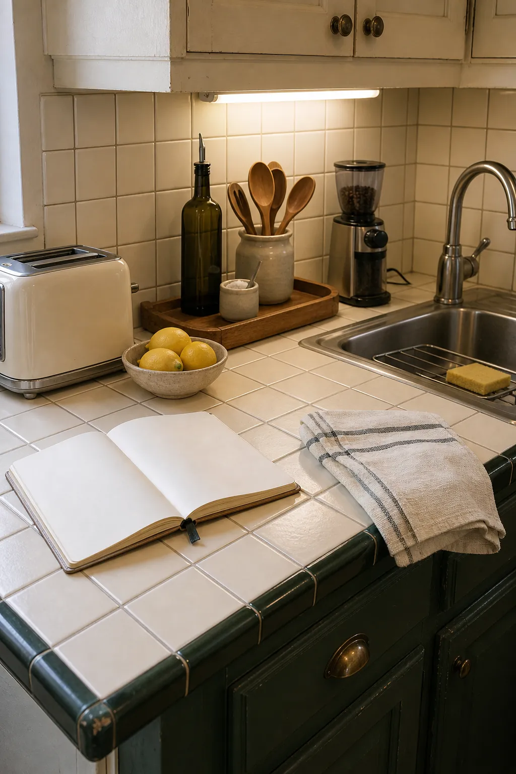 Older tile countertop kitchen simplified with a limited palette and organized surfaces