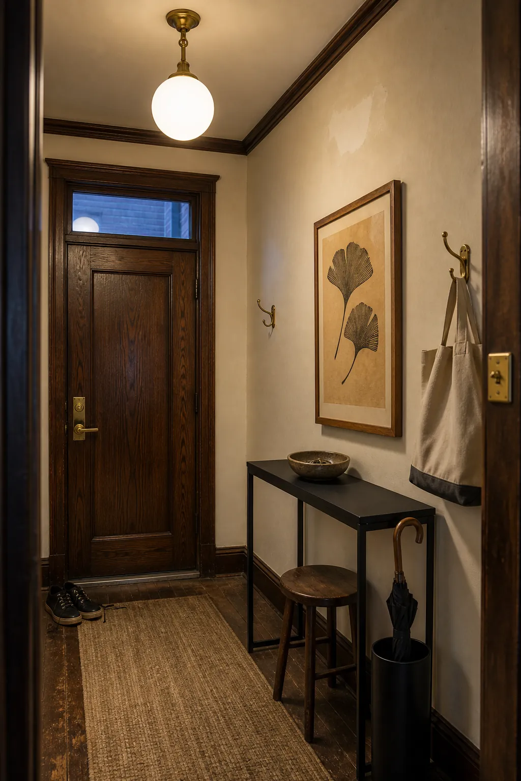 Older entryway refreshed with opal lighting, consistent hardware, and original wood trim
