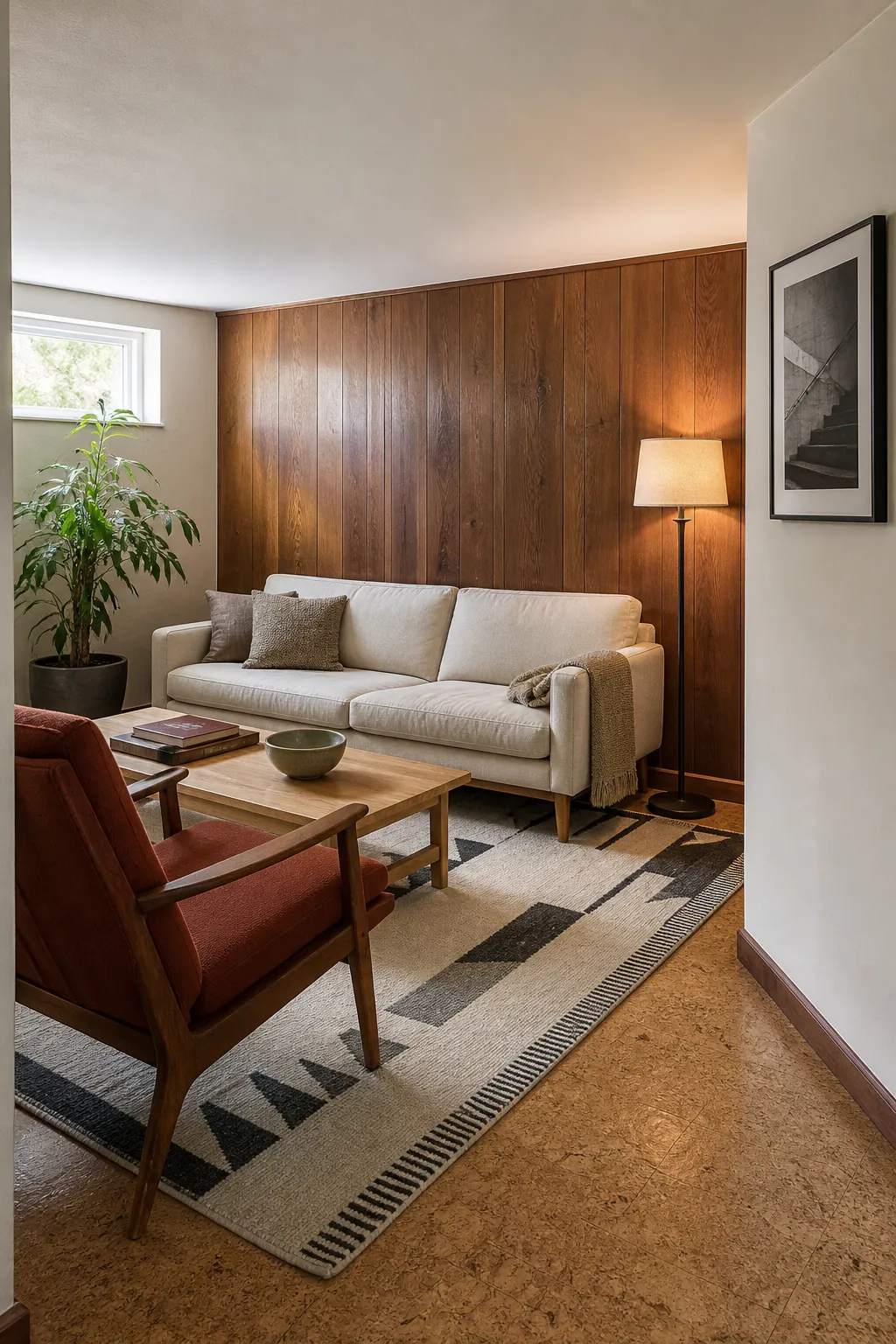 Wood-paneled den balanced with pale upholstery, a modern rug, and simple lighting