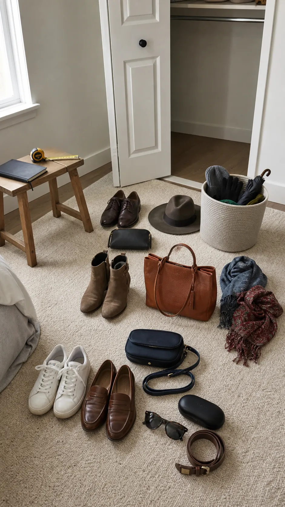 Shoes, bags, belts, and scarves sorted by frequency before closet organization