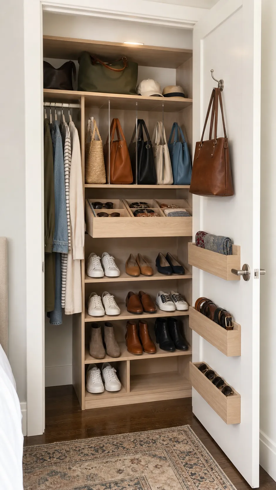 Small closet organized with shoe shelves, handbag dividers, and accessory drawers