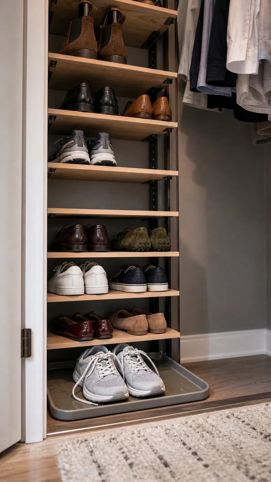 Adjustable small closet shoe shelves sized for sneakers, flats, and boots