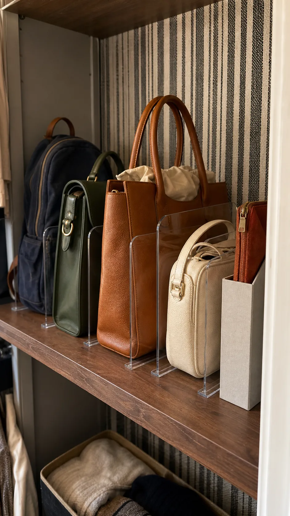 Handbags stored upright with clear shelf dividers and supported shapes