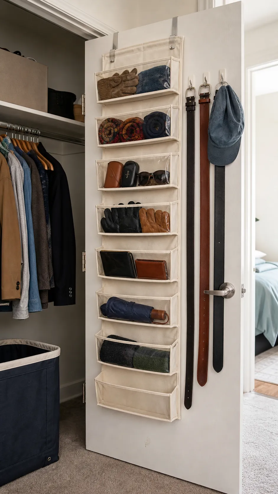 Shallow closet door pockets organizing belts, scarves, hats, and small accessories