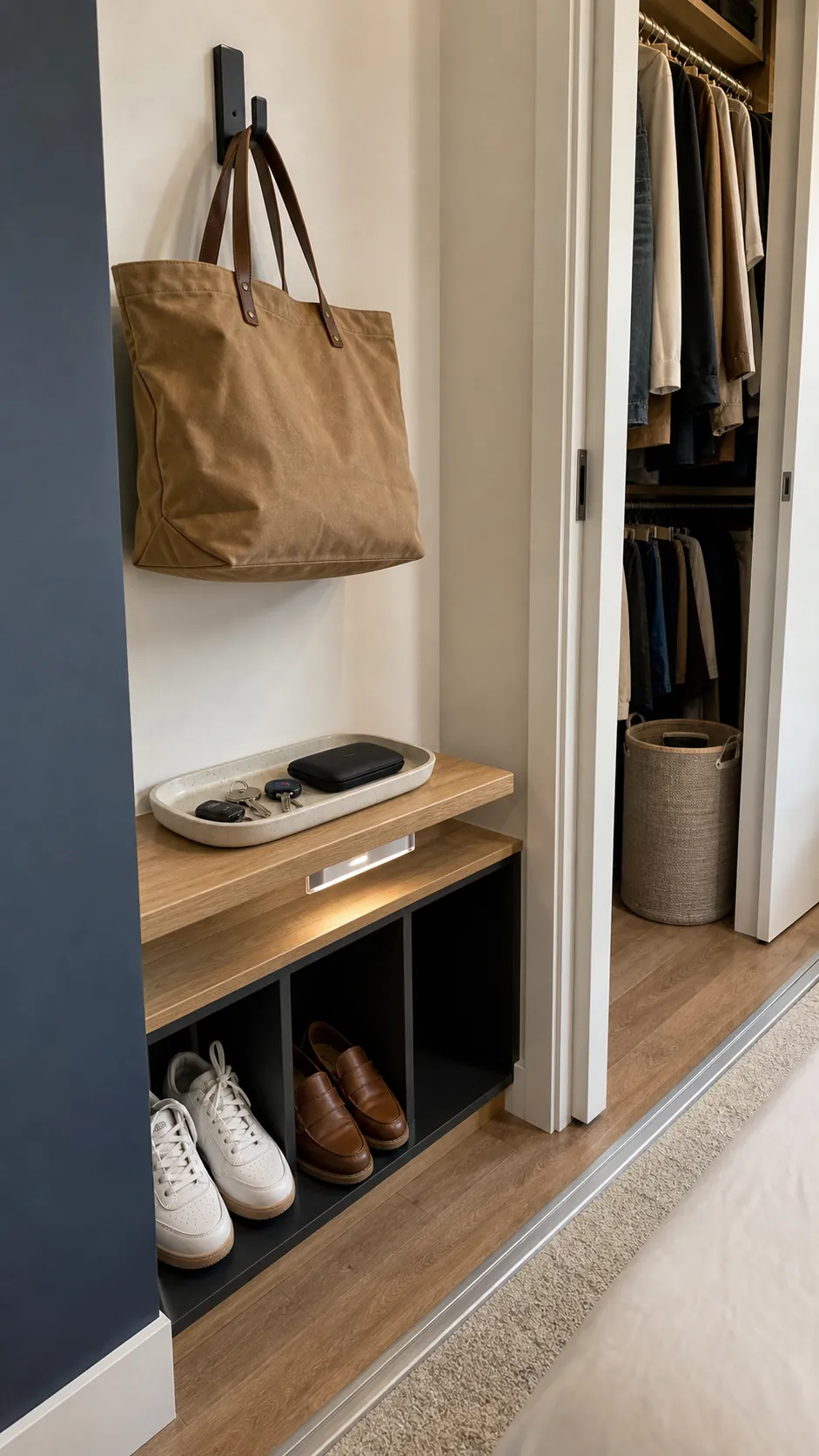 Compact daily drop zone with one bag hook, accessory tray, and open shoe slots