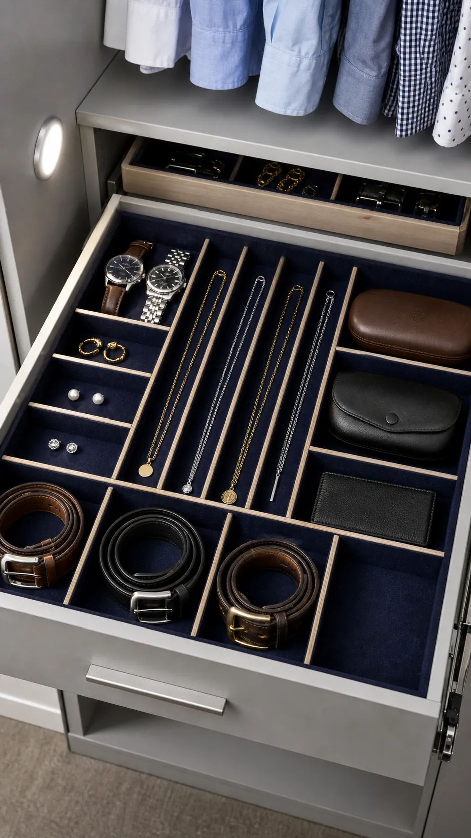 Shallow divided drawer organizing jewelry, belts, sunglasses, and watches