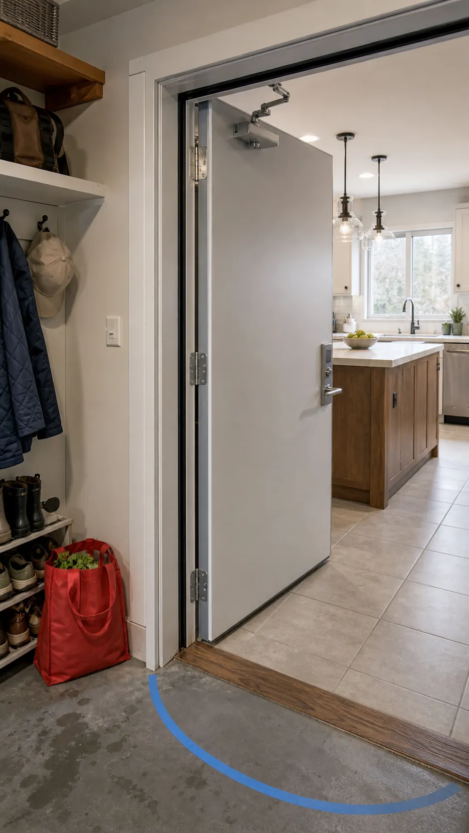 Small garage entryway with a fully clear door swing