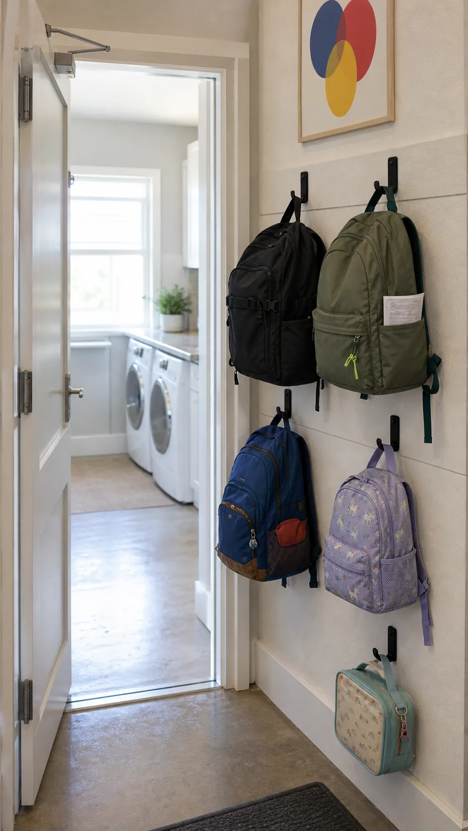 Individual family backpack hooks in a small garage entryway