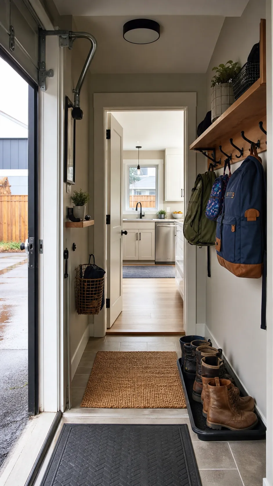 Practical organized drop zone inside a small garage entryway