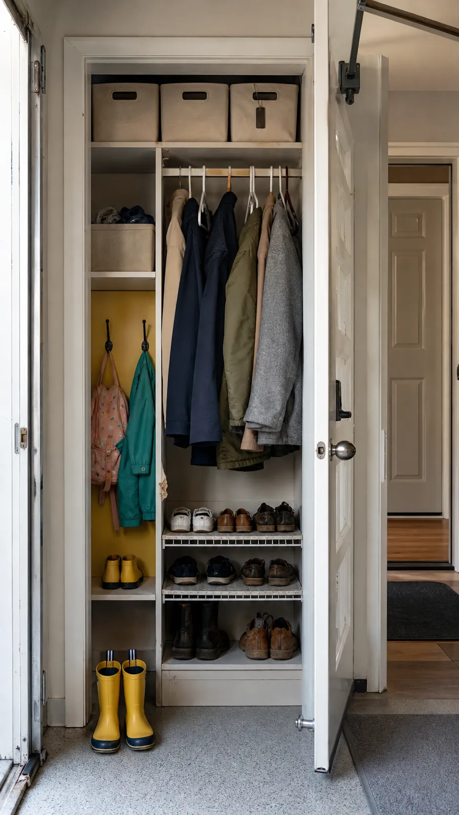 Small entry closet divided into practical daily zones
