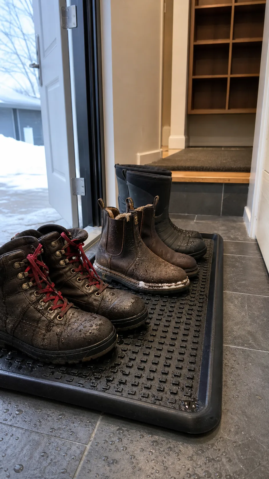 Boot tray containing wet shoes at a small garage entrance